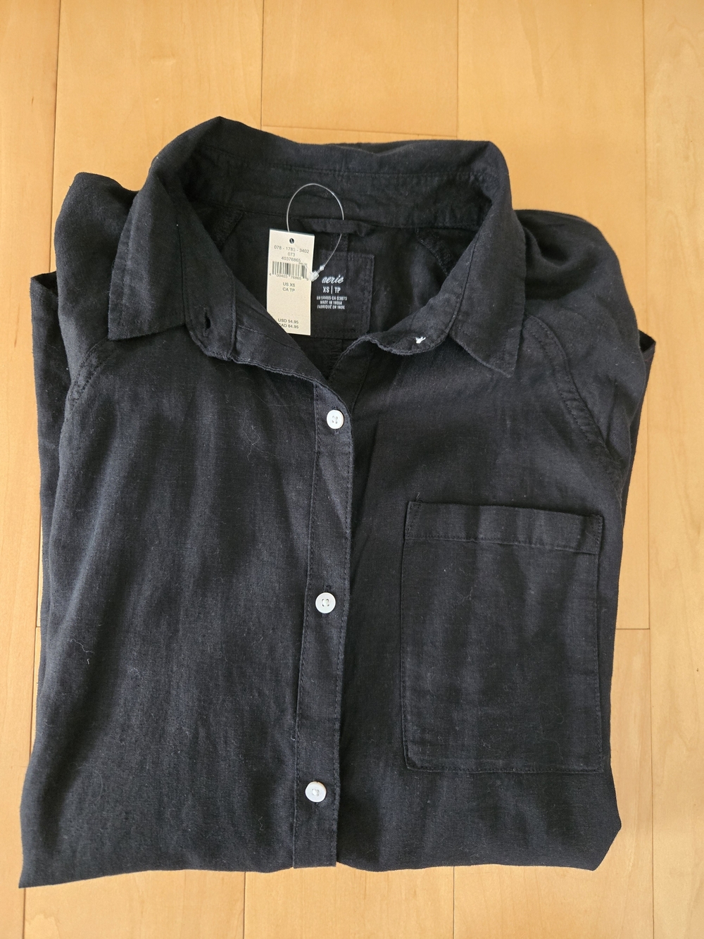 Aerie Black Long-Sleeve Linen Oversided Button-Down Shirt